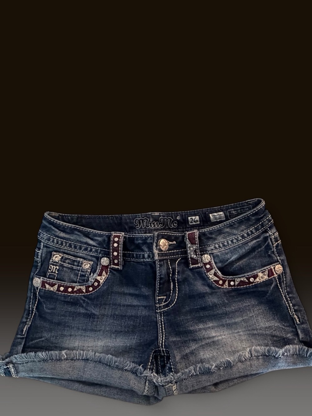 “MISS ME””Signature Dark Wash Denim Jean Shorts with Embellished Pockets - Blue - Picture 3 of 13